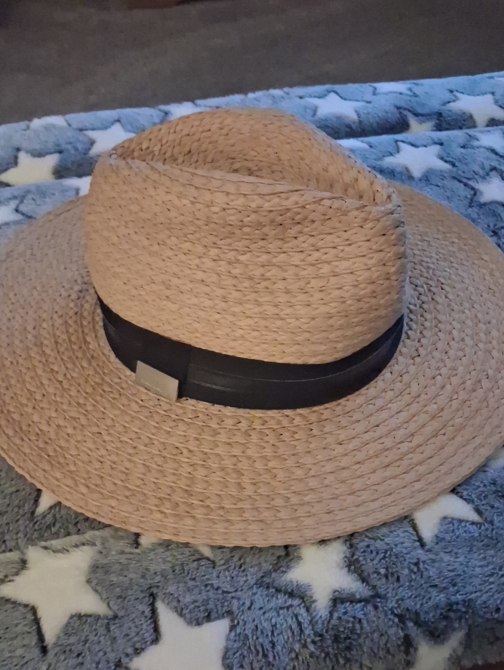 Vince Camuto Natural Straw Fedora with Black Band OS